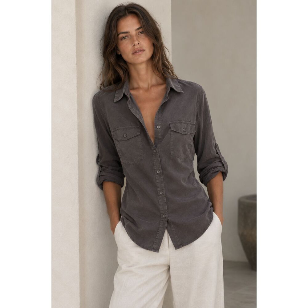Standard James Perse Gray Roll Up Sleeve Button Shirt Top  Women's Size 3 Large